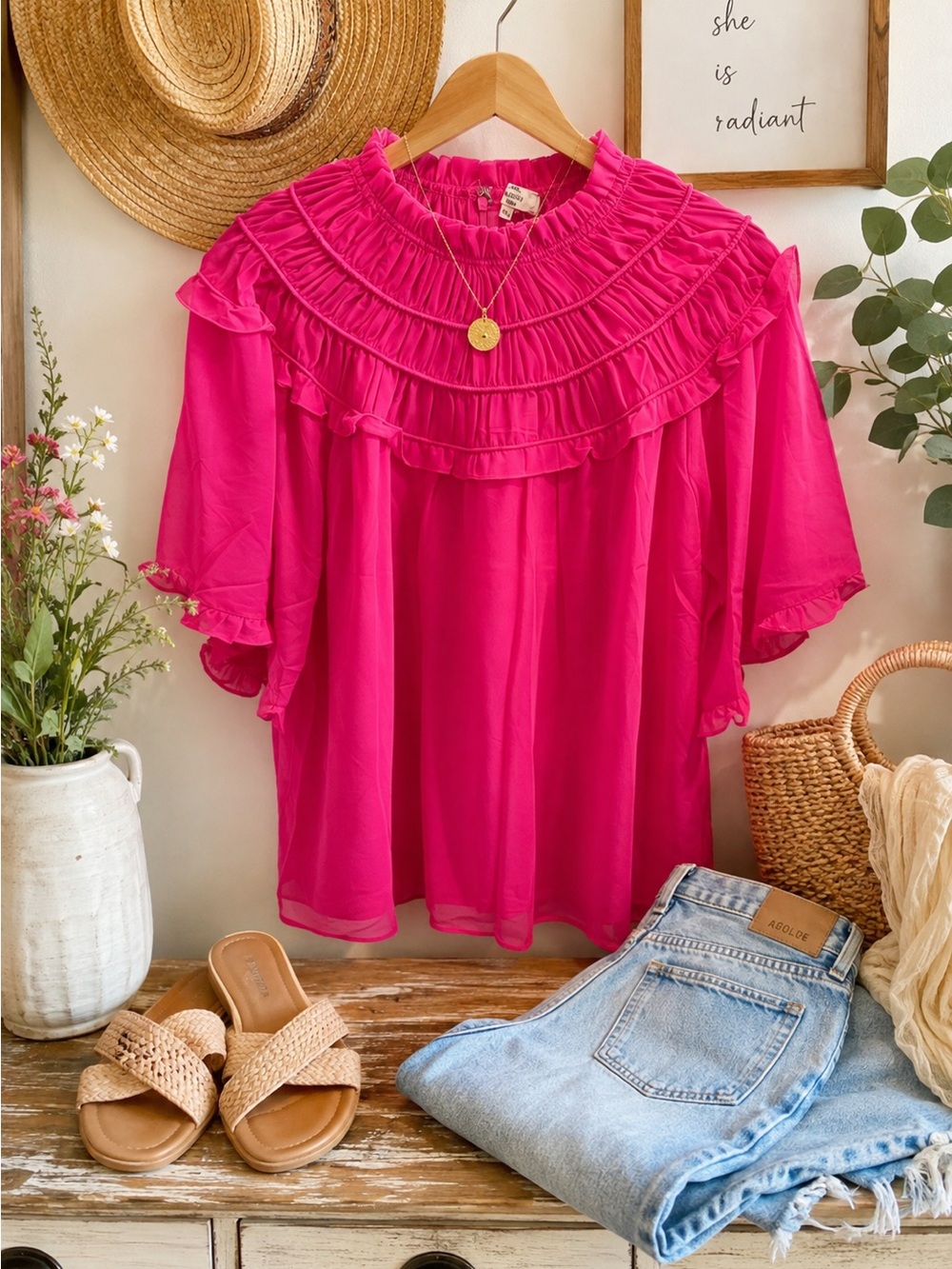NWT entro Boutique Hot Pink Ruffled Yoke Blouse Sz S & M